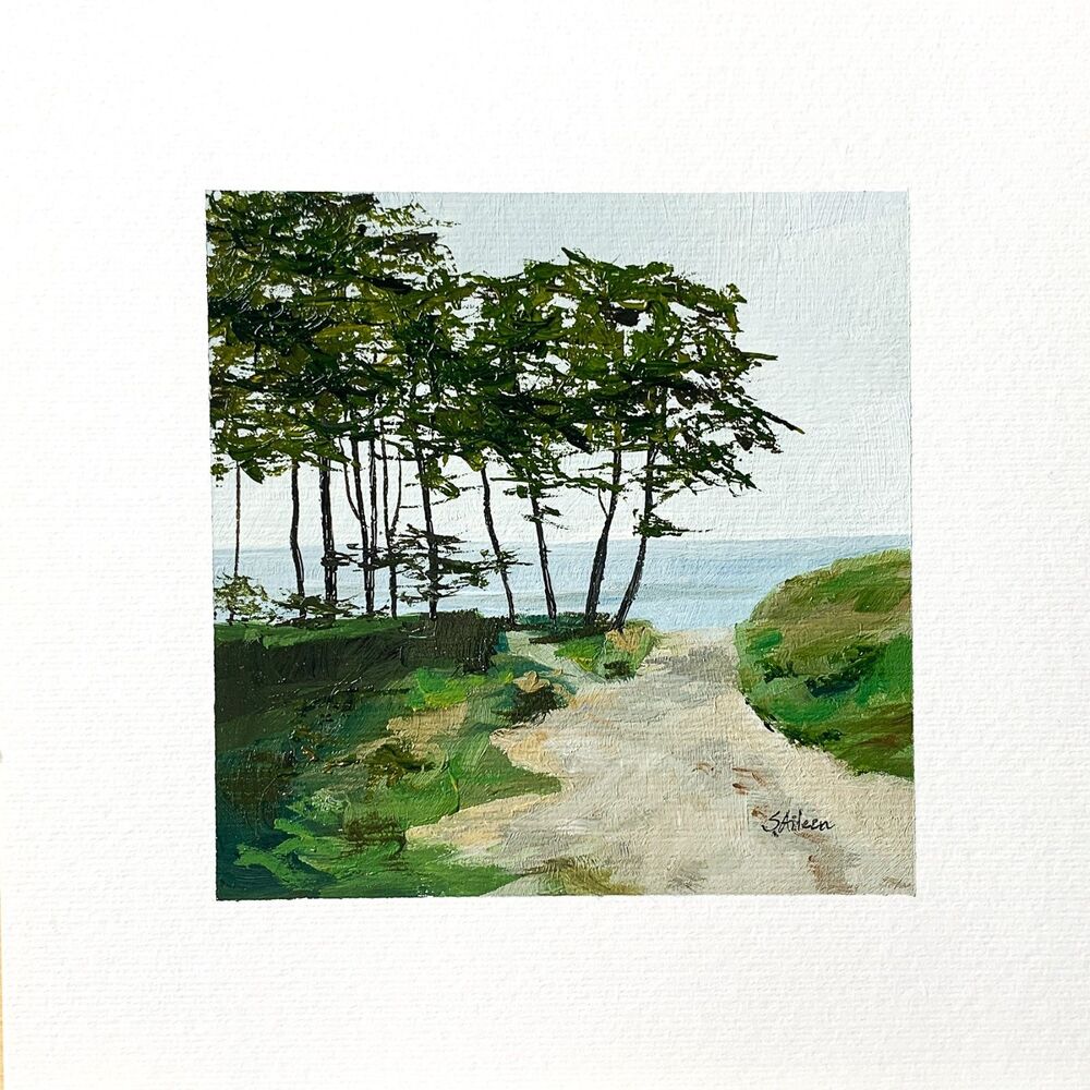 8x8 Maine Original Oil Painting Seascape Beach Path Sand New England Art Signed